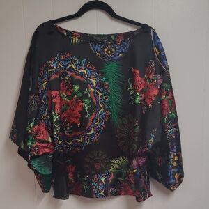 Chelsea & Theodore Colorful Top Floral And Feathers Print Sz Xl Holiday